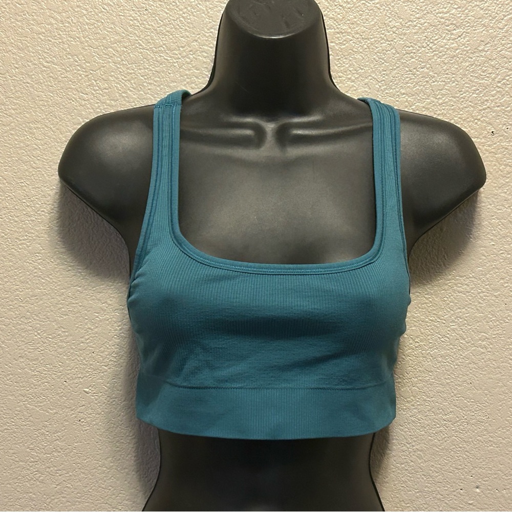 Athleta Blue Ribbed Cropped Cross Back Racerback Sports Bra Top Athleisure Sz S